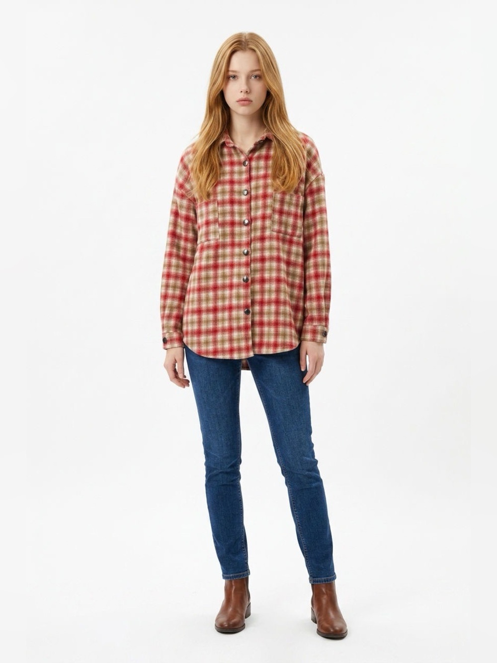 Flannel Shacket Shirt Jacket Red Tan Cream Plaid Tartan 2X Plus Size Unlined New